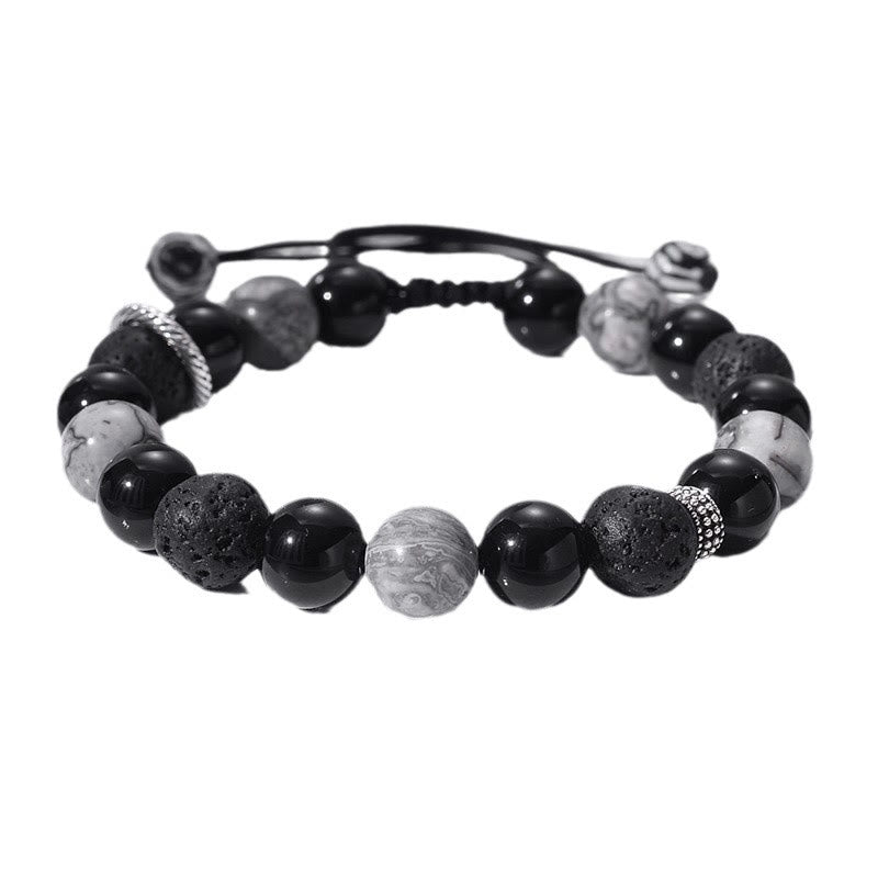 Fortune Jewel Vintage Lava Rock Black Obsidian Picasso Jasper Beads Support Rope Bracelet