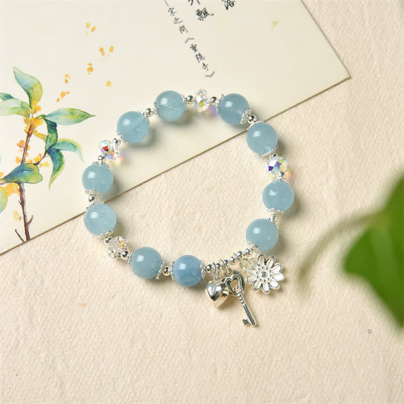 Fortune Jewel 925 Sterling Silver Natural Aquamarine Serenity Flower Love Key Charm Bracelet