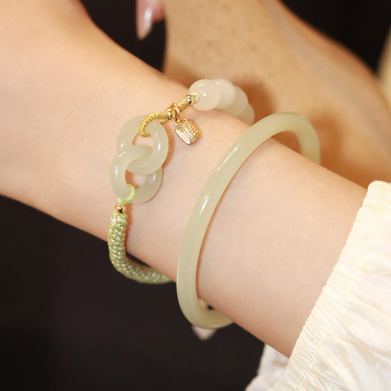 Fortune Jewel Natural Hetian Jade Bead Double Peace Buckle Fu Character Abundance Braided Bracelet