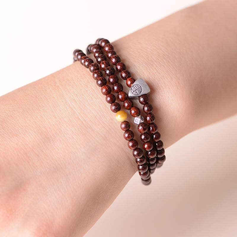 Fortune Jewel 925 Sterling Silver Indian Small Leaf Red Sandalwood Fu Character Protection Triple Wrap Bracelet