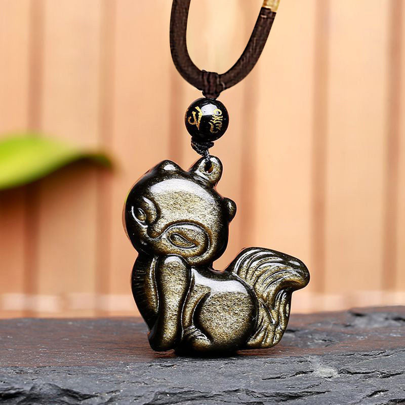 Fortune Jewel Natural Rainbow Obsidian Gold Sheen Obsidian Nine Tailed Fox Positive Necklace Pendant