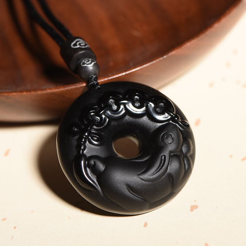 Fortune Jewel Chinese Zodiac Natural Black Obsidian Peace Buckle Strength Necklace Pendant
