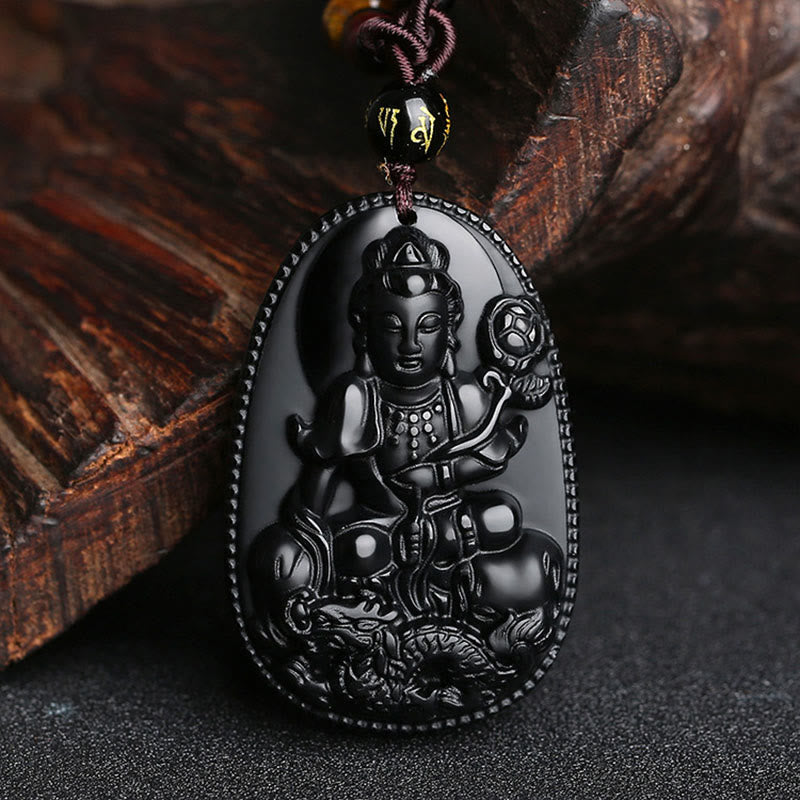 Fortune Jewel Chinese Zodiac Natal Buddha Natural Black Obsidian Purification Necklace Pendant