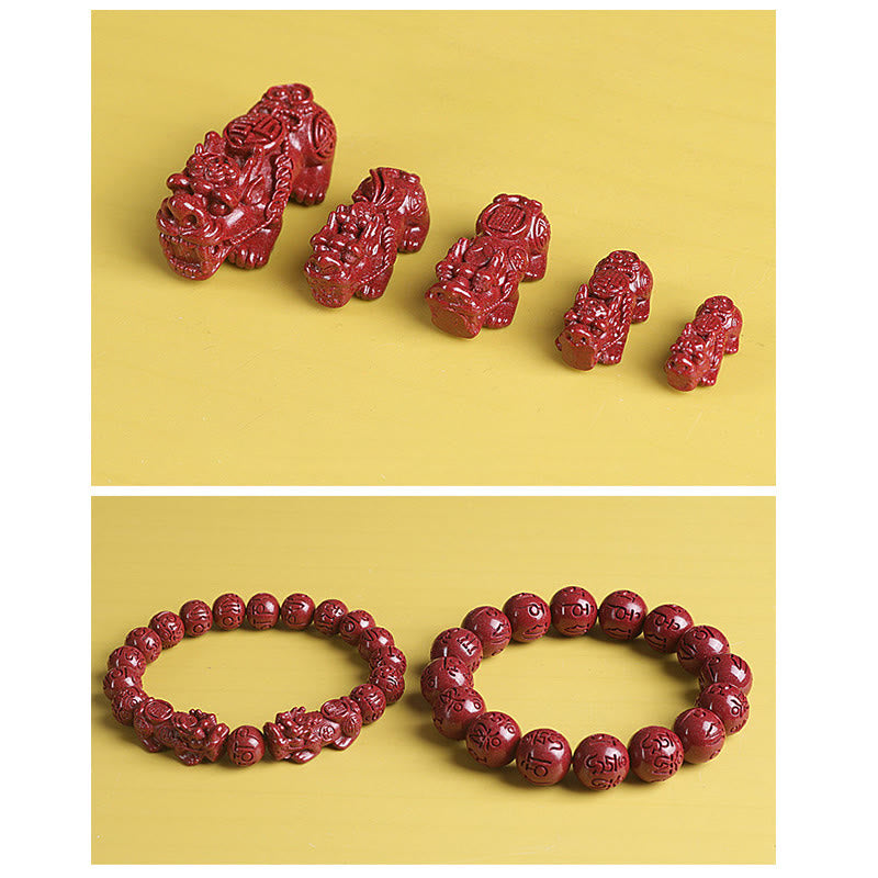 Fortune Jewel Natural Double PiXiu Cinnabar Om Mani Padme Hum Wealth Luck Bead Bracelet