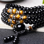 Fortune Jewel 108 Beads Natural Black Obsidian Tiger Eye Mala Bracelet