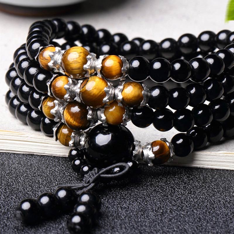 Fortune Jewel 108 Beads Natural Black Obsidian Tiger Eye Mala Bracelet