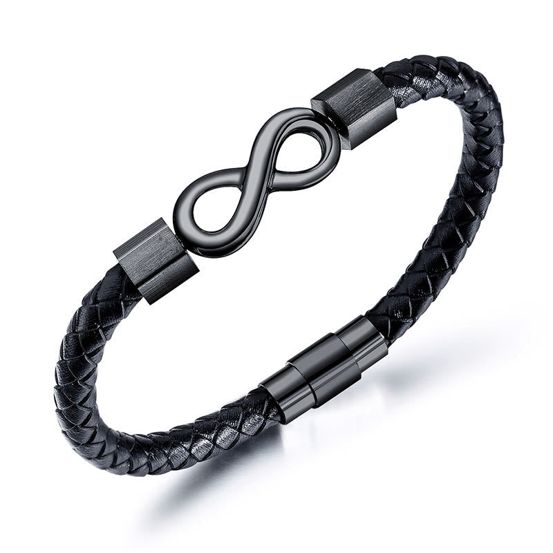 Fortune Jewel Endless Knot Titanium Steel Infinity Leather Weave Balance Bracelet