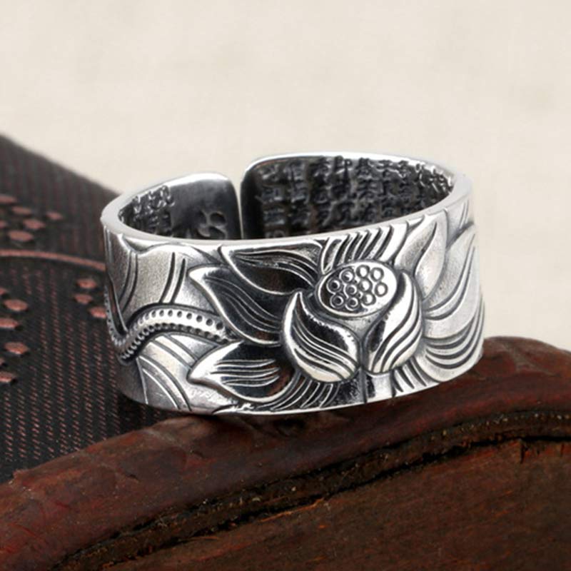 Fortune Jewel 999 Sterling Silver Lotus Symbol Heart Sutra Protection Ring Fortune Jewel