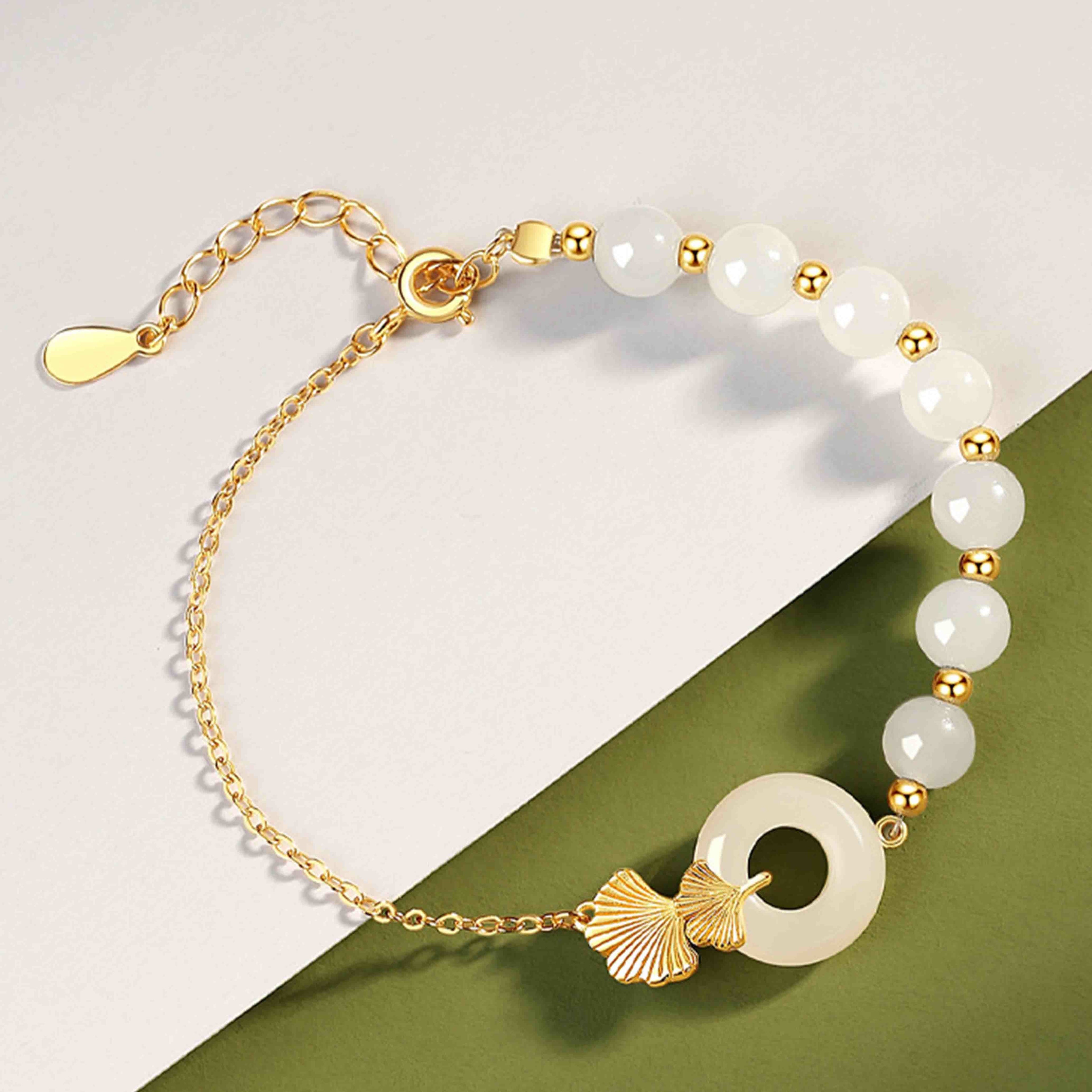 Fortune Jewel 925 Sterling Silver Hetian White Jade Peace Buckle Ginkgo Leaf Luck Bracelet