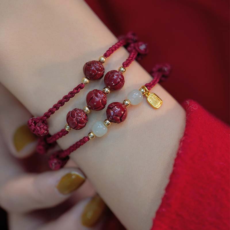Fortune Jewel Cinnabar Jade Lotus Calm Red String Weave Bracelet