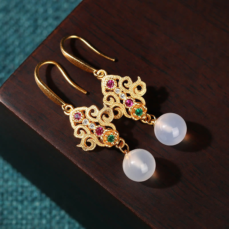 Fortune Jewel 24K Gold Plated Round Chalcedony Positive Dangle Drop Earrings