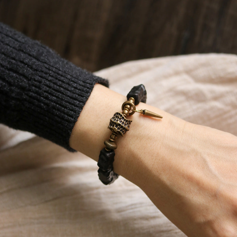 Fortune Jewel Ebony Wood Copper Balance Protection Couple Bracelet