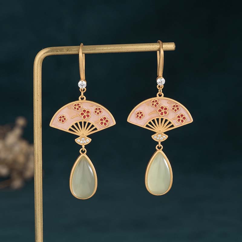 Fortune Jewel Natural Green Aventurine Fan Pattern Luck Drop Earrings