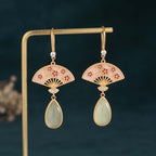 Fortune Jewel Natural Green Aventurine Fan Pattern Luck Drop Earrings