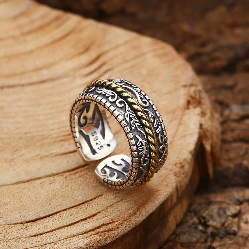 Fortune Jewel 925 Sterling Silver Tang Dynasty Flower Design Luck Adjustable Ring
