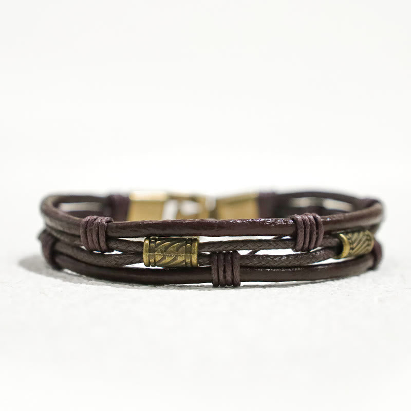 Fortune Jewel Vintage Leather Wrist Band Brown Rope Layered Bracelet Bangle
