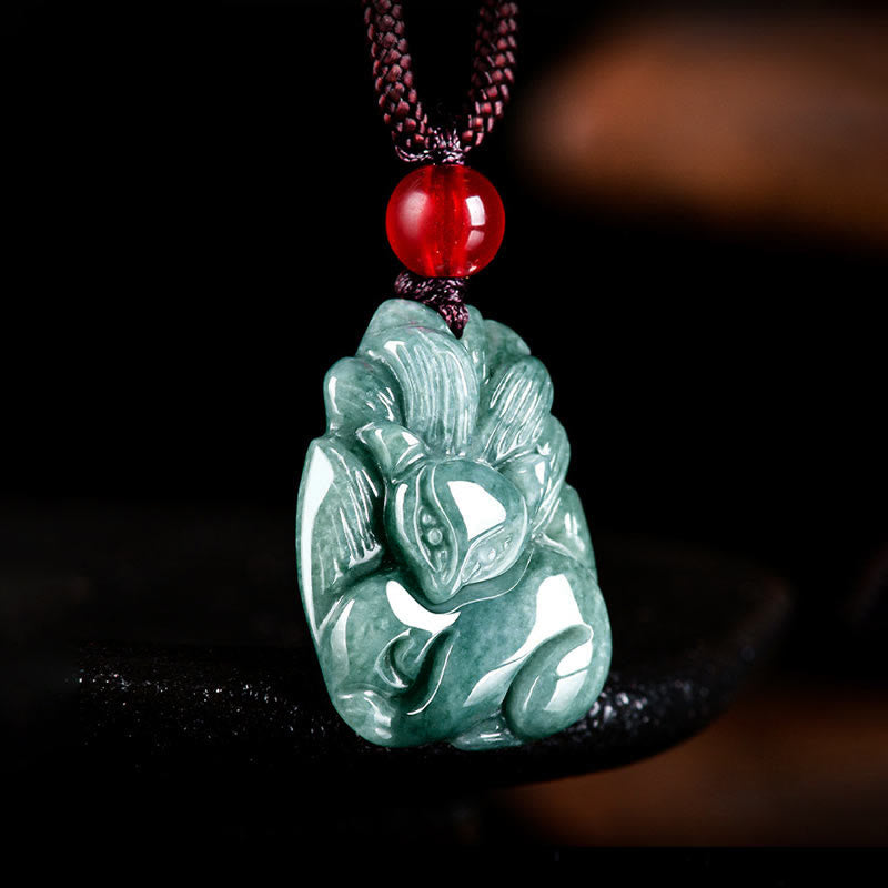 Fortune Jewel Natural Green Jade Nine Tailed Fox Engraved Prosperity Necklace Pendant