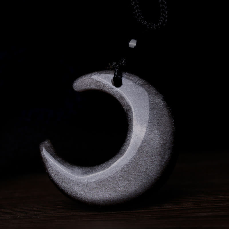 Fortune Jewel Natural Silver Sheen Obsidian Selenite Crystal Crescent Moon Yin Yang Couple Protection Necklace Pendant