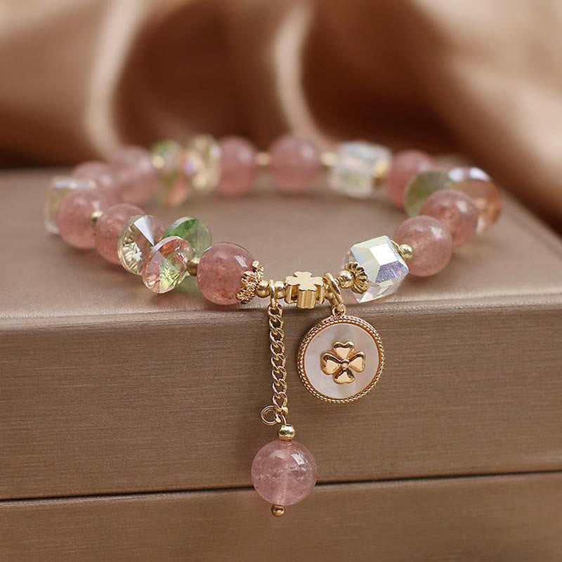 Fortune Jewel Strawberry Quartz Lucky Four Leaf Clover Healing Charm Bracelet