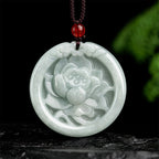 Fortune Jewel Natural Jade Lotus Flower Carved Prosperity Necklace Pendant Fortune Jewel