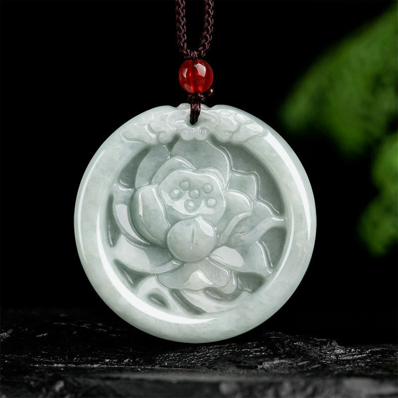 Fortune Jewel Natural Jade Lotus Flower Carved Prosperity Necklace Pendant Fortune Jewel
