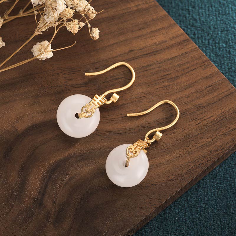 Fortune Jewel White Jade Double Happiness Fortune Earrings