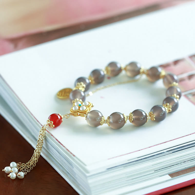 Fortune Jewel Natural Gray Agate Fu Character Pearl Tassel Balance Bracelet