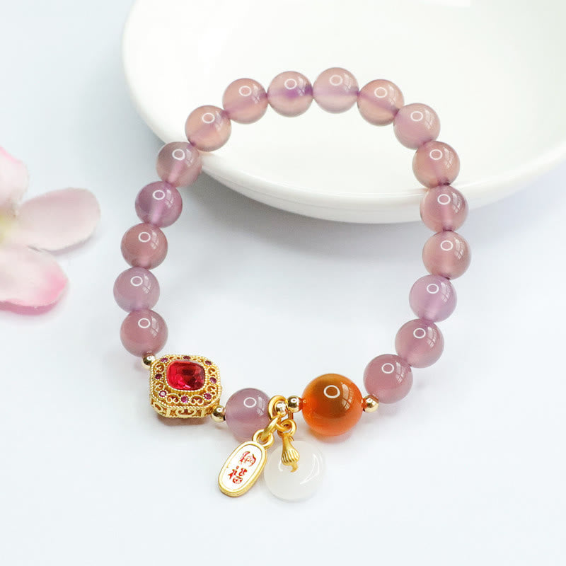 Fortune Jewel Natural Purple Chalcedony Candy Agate Peace Buckle Harmony Lucky Fortune Charm Bracelet