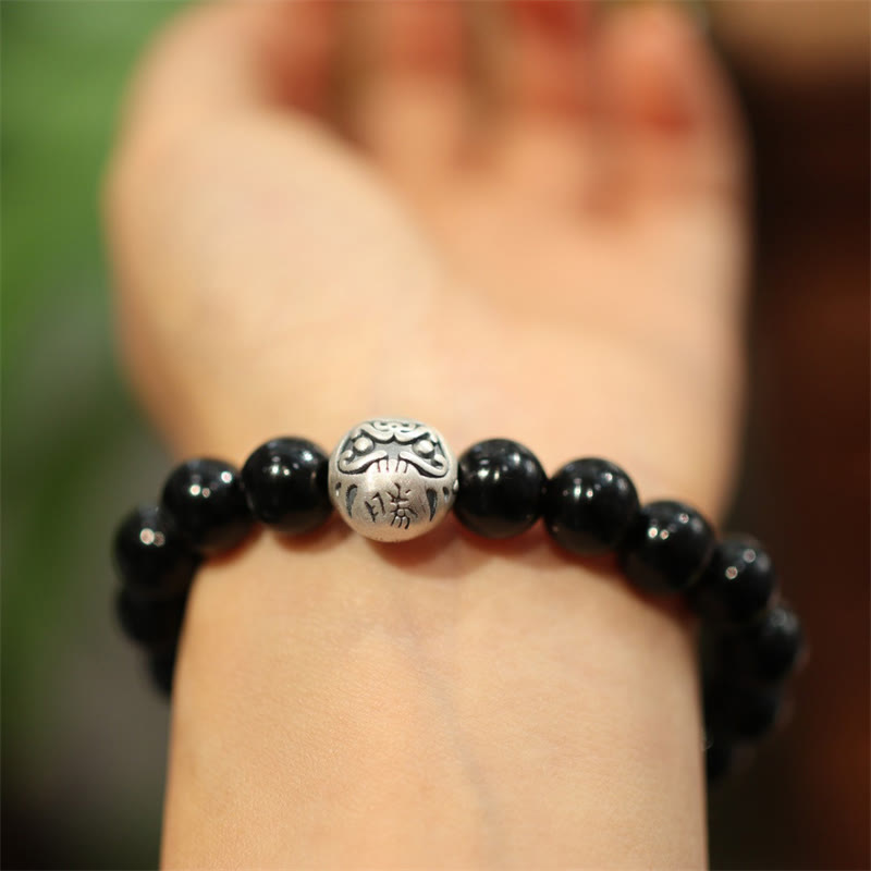Fortune Jewel 925 Sterling Silver Black Onyx Bead Character Engraved Protection Bracelet