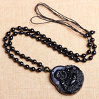 Fortune Jewel Laughing Buddha Black Obsidian Strength Protection Pendant Necklace