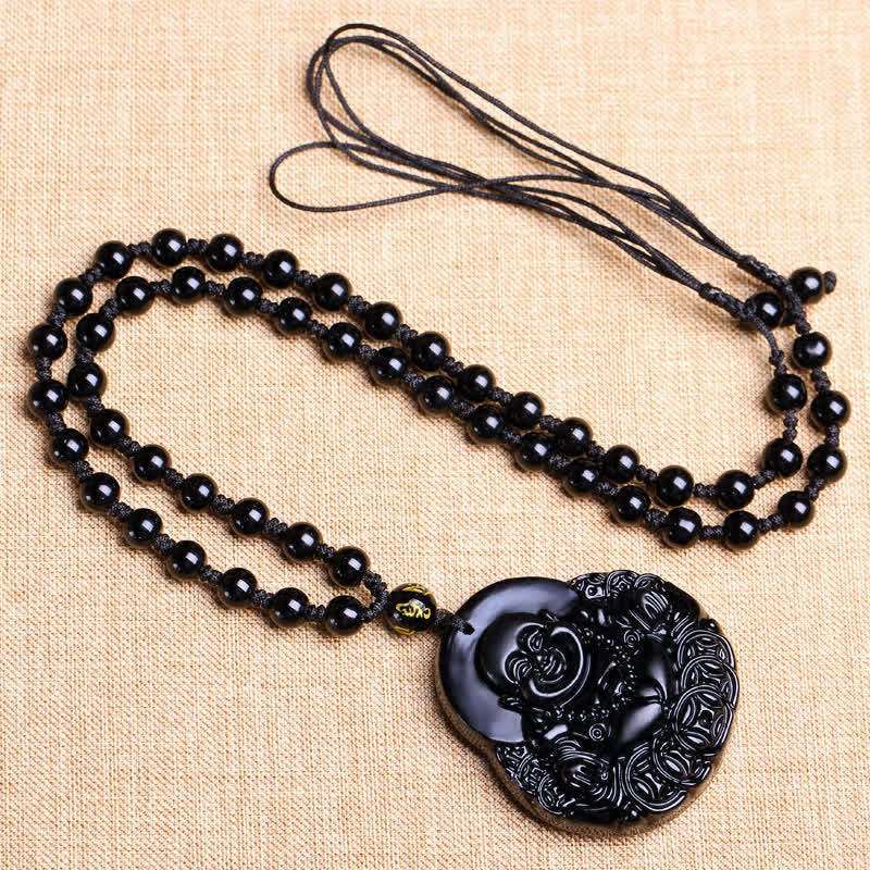 Fortune Jewel Laughing Buddha Black Obsidian Strength Protection Pendant Necklace