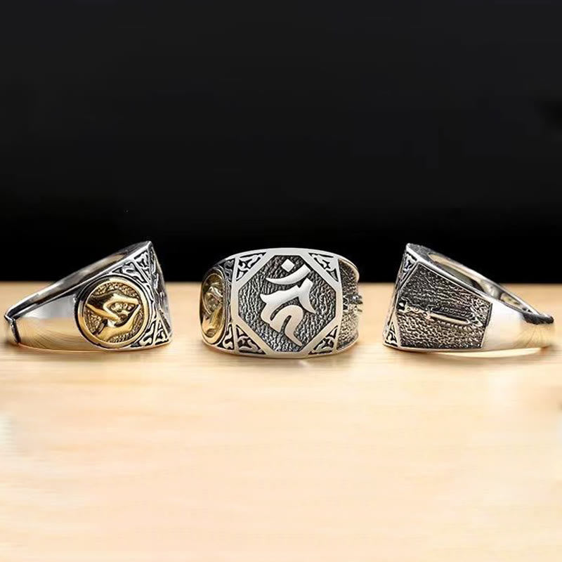 Fortune Jewel 925 Sterling Silver Sanskrit Design Carved Protection Adjustable Ring