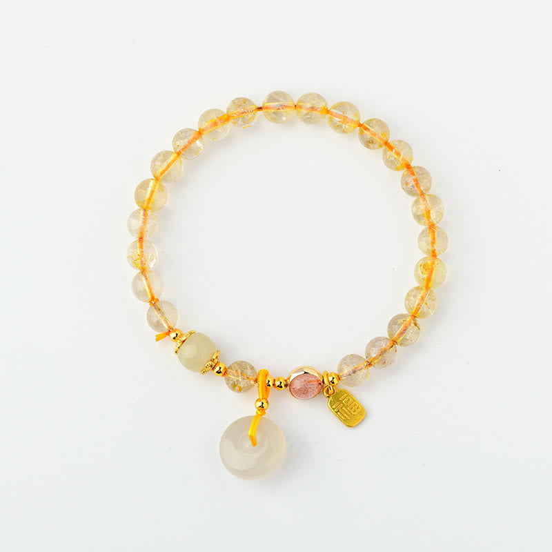 Fortune Jewel Natural Golden Rutilated Quartz Fu Character Peace Buckle Charm Wealth Bracelet