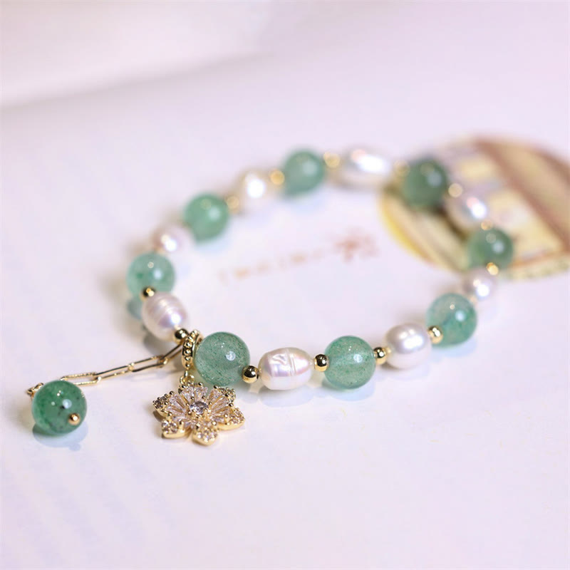 Fortune Jewel Natural Green Strawberry Quartz Pearl Flower Charm Love Bracelet