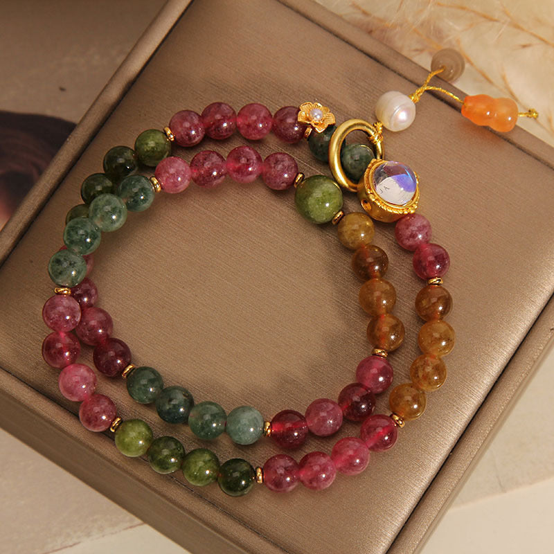 Fortune Jewel Multicolored Tourmaline Positive Double Wrap Gourd Charm Bracelet