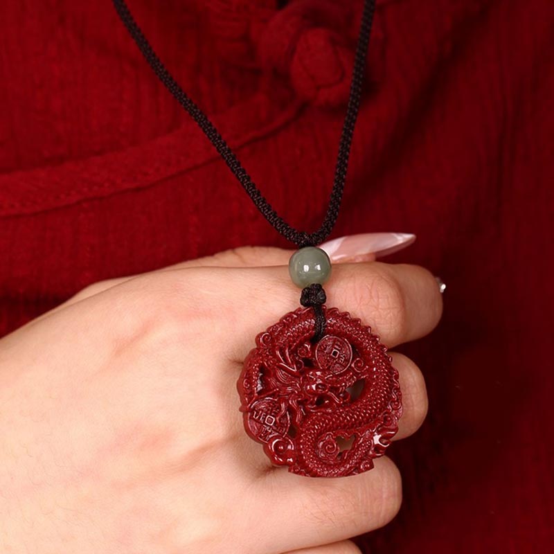 Fortune Jewel Year Of The Dragon Natural Cinnabar Hetian Jade Bead Copper Coin Attract Wealth Strength Necklace Pendant