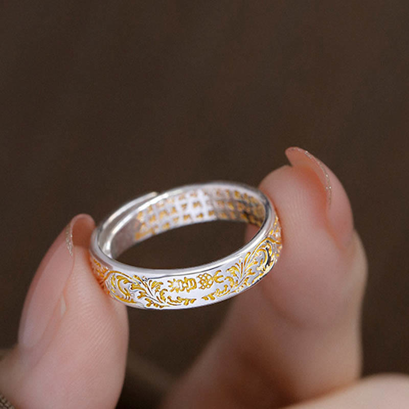 Fortune Jewel Peace and Joy Tang Dynasty Flower Design Lotus Heart Sutra Carved Copper Luck Adjustable Ring