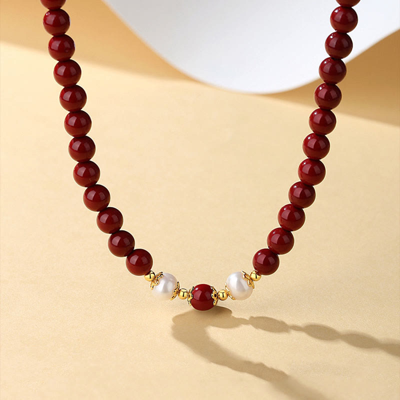 Fortune Jewel 925 Sterling Silver Natural Cinnabar Pearl Blessing Necklace Pendant Bracelet Earrings Jewelry Set