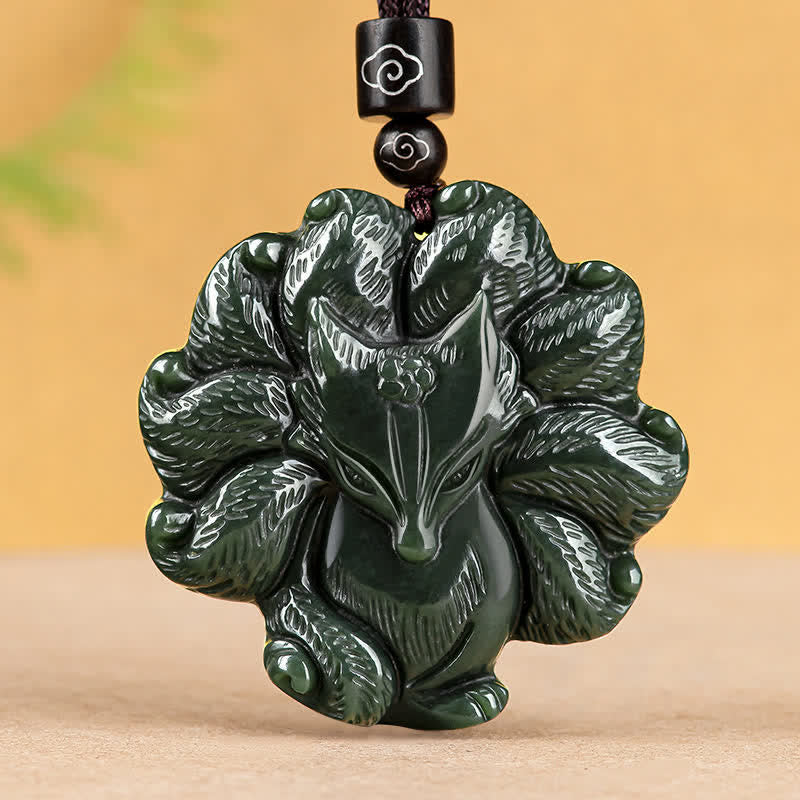 Fortune Jewel Hetian Cyan Jade Nine Tailed Fox Luck Necklace String Pendant