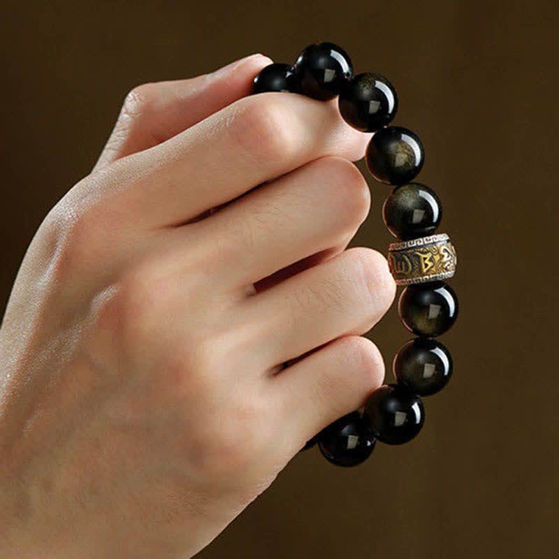 Fortune Jewel Gold Sheen Obsidian PiXiu Cinnabar Om Mani Padme Hum Protection Bracelet