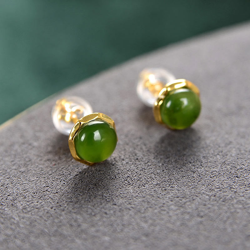 Fortune Jewel 925 Sterling Silver Plated Gold Natural Hetian Cyan Jade Bead Luck Stud Earrings