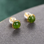 Fortune Jewel 925 Sterling Silver Plated Gold Natural Hetian Cyan Jade Bead Luck Stud Earrings