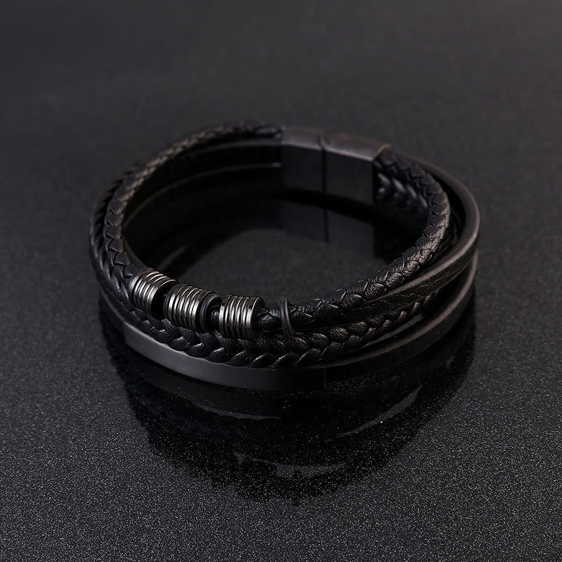 Fortune Jewel Leather Multi-Layer Titanium Steel Balance Braided Magnetic Buckle Bracelet