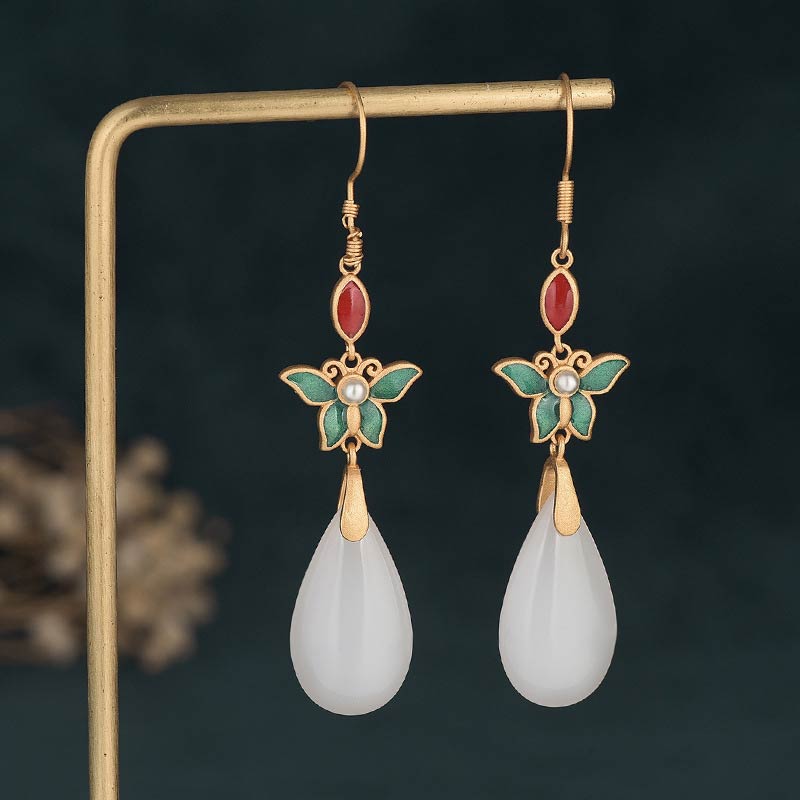Fortune Jewel FengShui White Jade Luck Drop Earrings