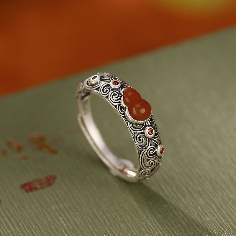 Fortune Jewel 925 Sterling Silver Red Agate Cyan Jade Gourd Blessing Auspicious Ring