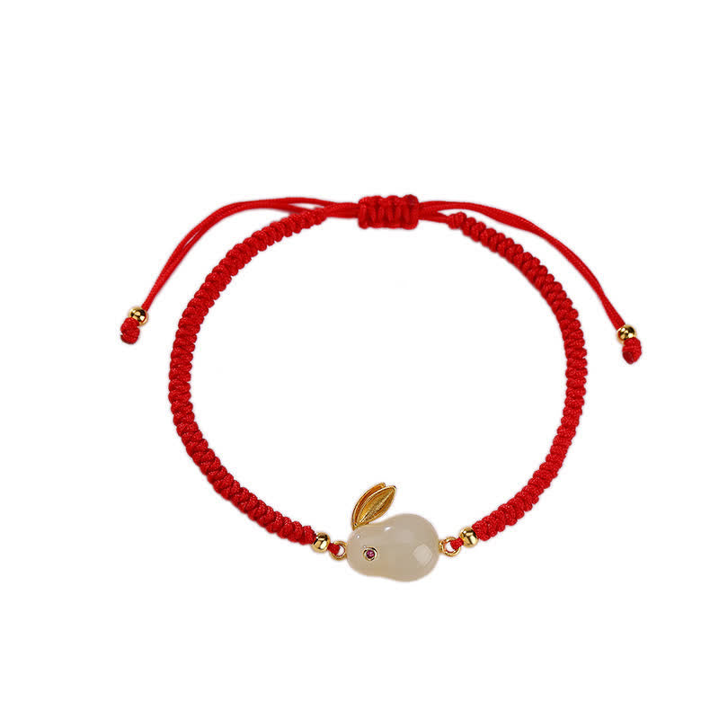 Fortune Jewel 925 Sterling Silver Year of the Rabbit Hetian White Jade Luck Red String Protection Bracelet