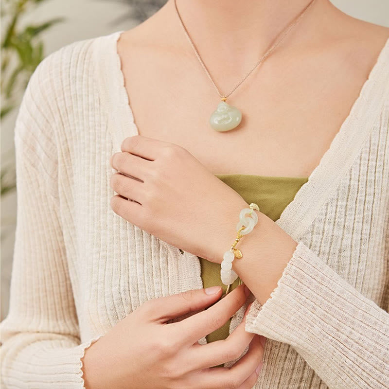 Fortune Jewel Natural Hetian Jade Bead Double Peace Buckle Fu Character Abundance Braided Bracelet