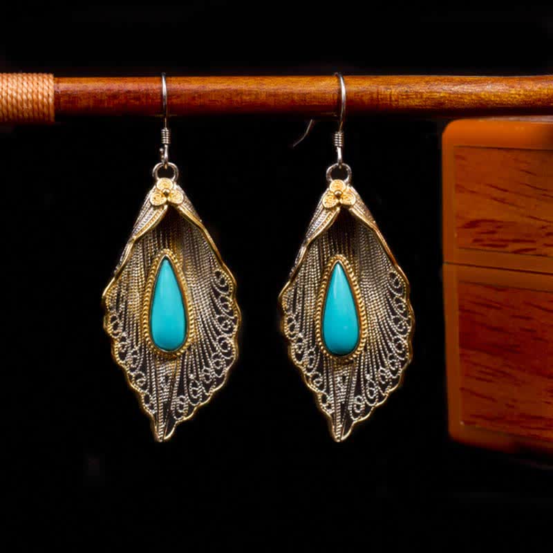 Fortune Jewel 925 Sterling Silver Turquoise Bodhi Leaf Pattern Protection Drop Dangle Earrings