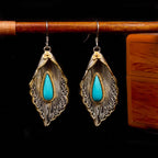 Fortune Jewel 925 Sterling Silver Turquoise Bodhi Leaf Pattern Protection Drop Dangle Earrings