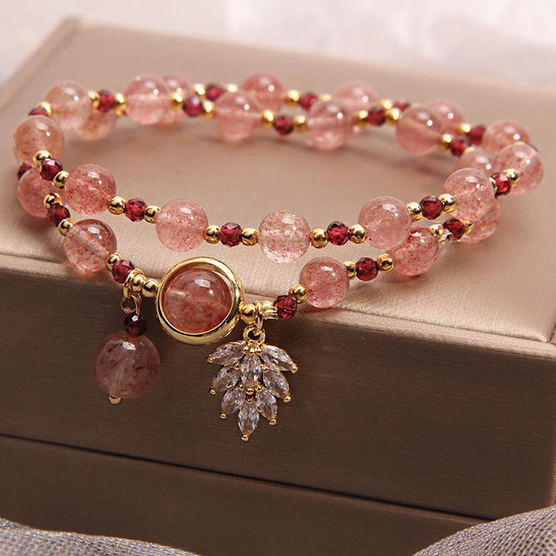 Fortune Jewel Natural Strawberry Quartz Love Healing Maple Leaf Charm Double Wrap Bracelet